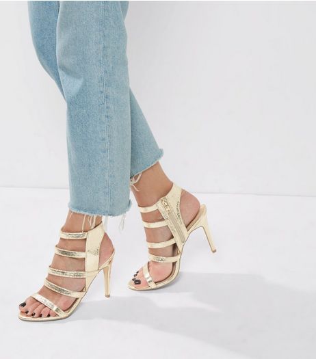 Gold Textured Multi Strap Heeled Sandals | New Look