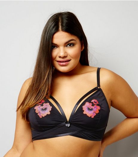 Curves Black Floral Embroidered Strappy Bralet | New Look