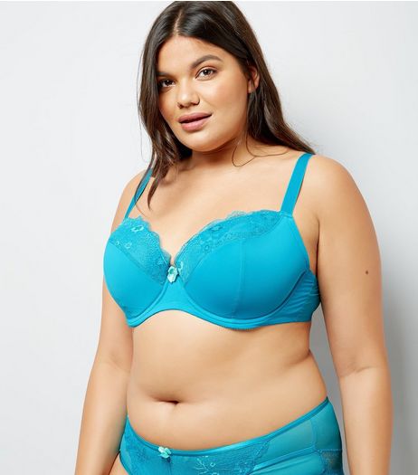 Curves Petrol Blue Mesh And Lace Trim Bra | New Look