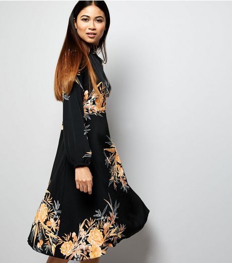 Petite Black Floral Print Funnel Neck Midi Dress | New Look