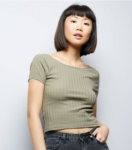 Olive Green Ribbed Short Sleeve Crop Top | New Look