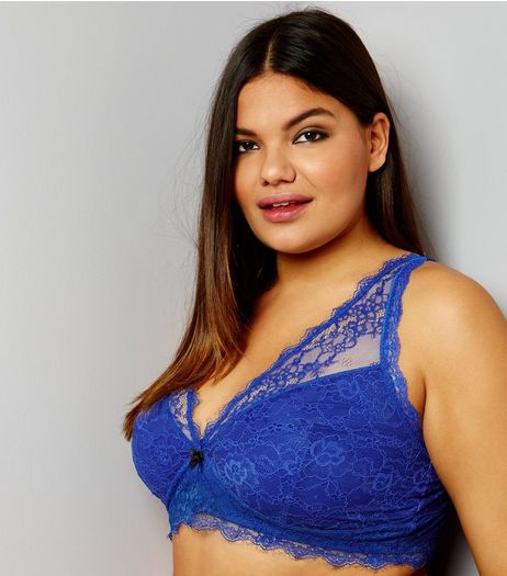 Curves Bright Blue Lace Longline Bra | New Look