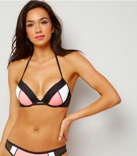 Coral Pink Colour Block Plunge Neck Bikini Top | New Look