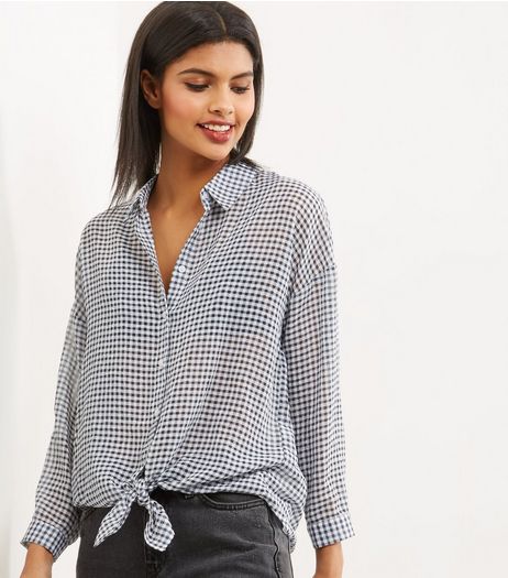 Petite Black Check Tie Front Shirt | New Look
