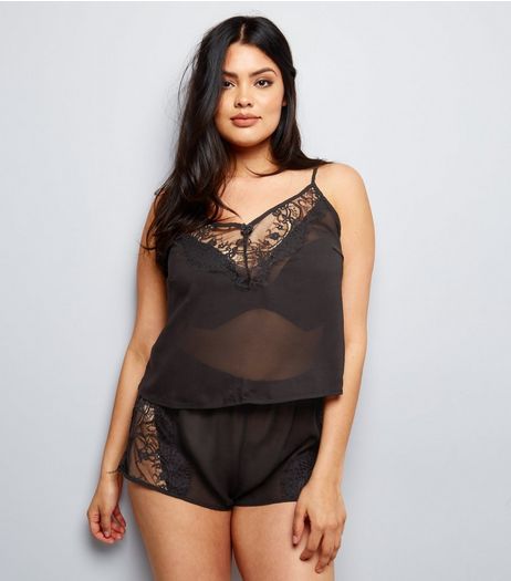 Curves Black Sheer Cami and Shorts Pyjama Set | New Look