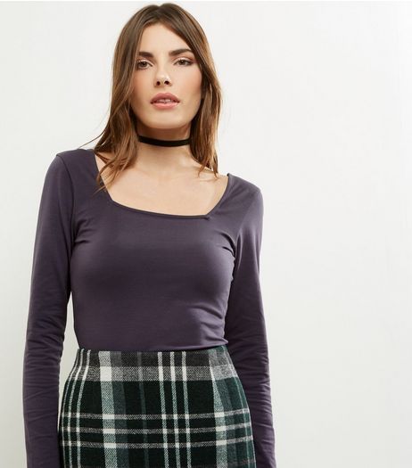 Dark Grey Square Neck Long Sleeve Top | New Look