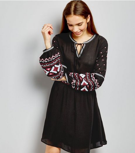 Black Embroidered Long Sleeve Dress | New Look