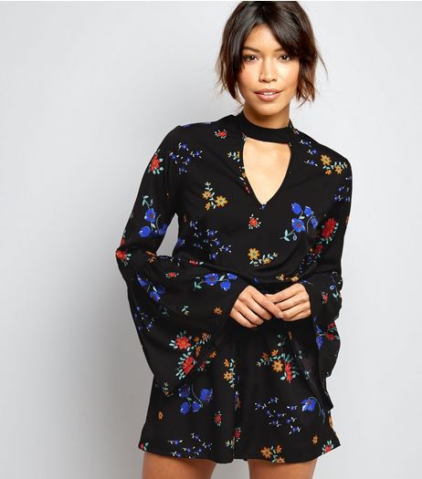 Black Floral Print Choker Neck Playsuit | New Look