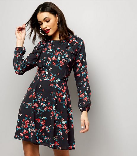 Black Floral Print Long Sleeve Dress | New Look