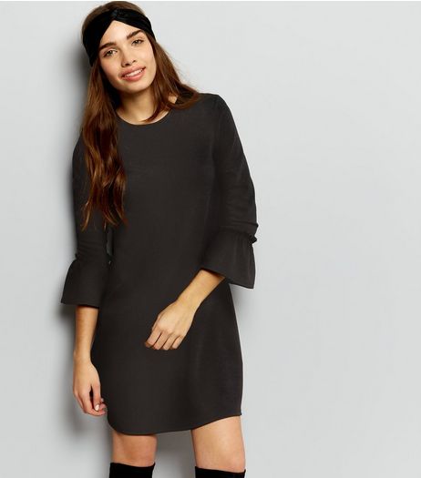 Black Frill Trim Bell Sleeve Lattice Back Swing Dress | New Look