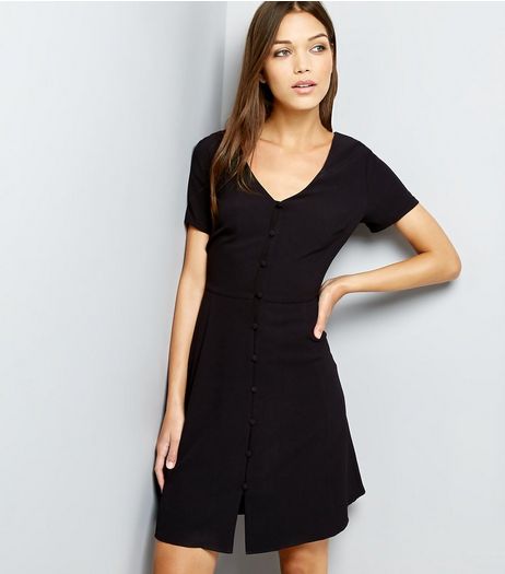 Black V Neck Button Front Shirt Dress | New Look