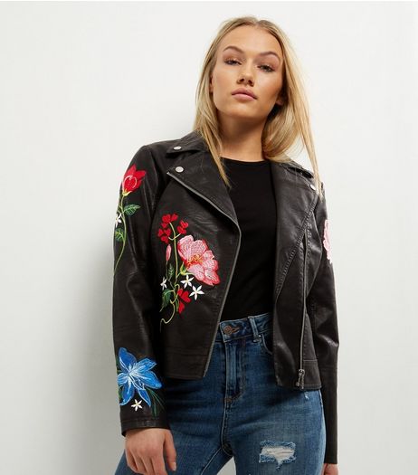 Petite Black Floral Embroidered Biker Jacket | New Look