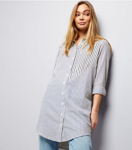 Innocence Blue Stripe Roll Sleeve Longline Shirt | New Look