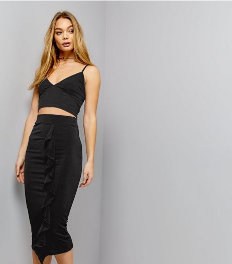 Innocence Black Frill Trim Midi Pencil Skirt | New Look