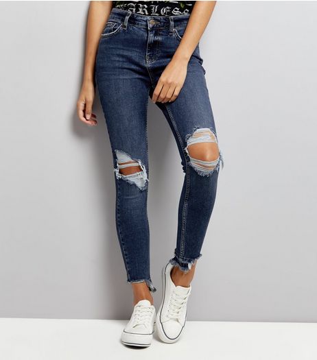 Blue Ripped Knee Distressed Hem Skinny Jenna Jeans | New Look