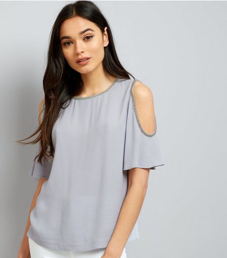Pale Blue Embellished Trim Cold Shoulder Top | New Look