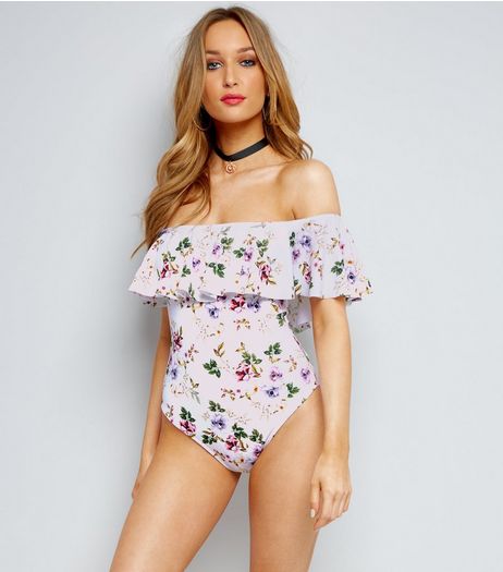White Floral Frill Trim Bardot Neck Swimsuit | New Look