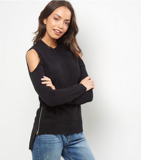 Bule Vanilla Black Zip Trim Cold Shoulder Jumper | New Look