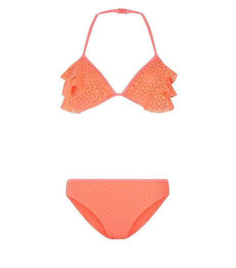 Teens Orange Crochet Frill Scruba Bikini | New Look