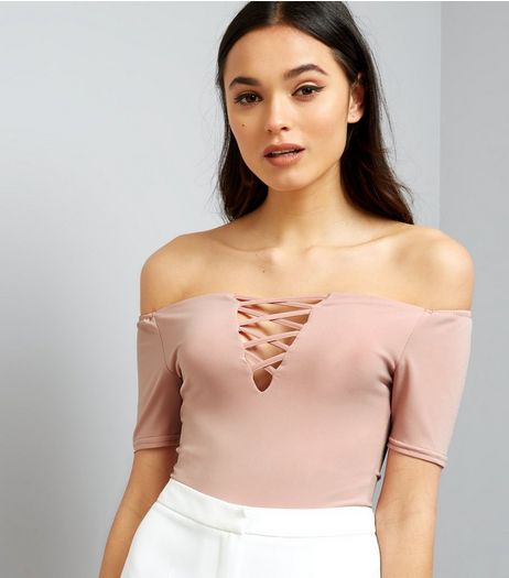 Mid Pink Bardot Neck Lattice Front Bodysuit | New Look