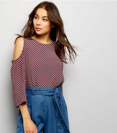 Pink Geo Print Cold Shoulder 3/4 Sleeve Top | New Look