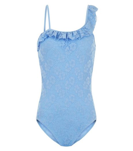 Teens Blue Lace One Shoulder Frill Trim Swimsuit | New Look