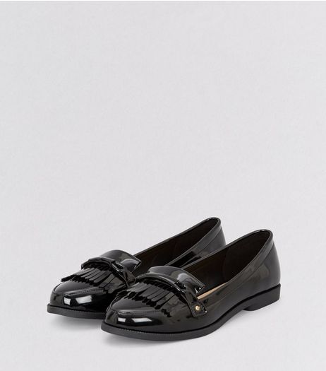 Black Patent Fringe Trim Loafers | New Look