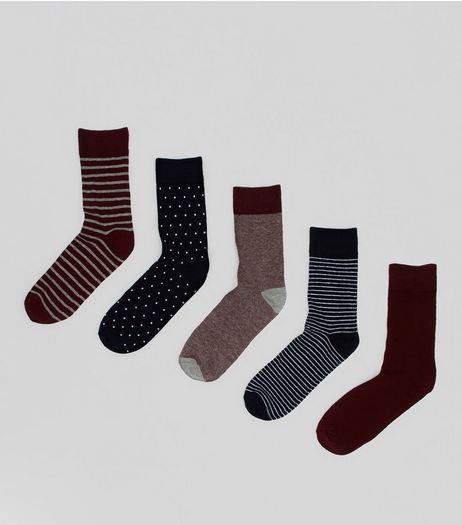 5 Pack Burgundy and Navy Spot and Stripe Socks | New Look