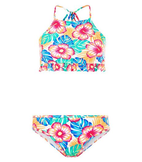 Teens Pink Floral Frill Trim High Neck Bikini | New Look