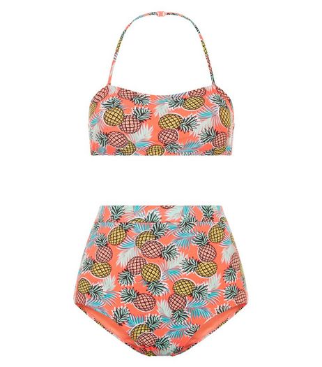 Teens Orange Pineapple Print High Waist Bandeau Bikini | New Look