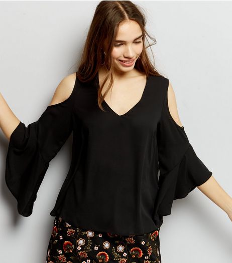 Black V Neck Cold Shoulder Flared Sleeve Top | New Look