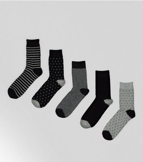 5 Pack Monochrome Spot and Stripe Socks | New Look