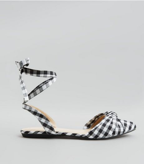 Black Gingham Knot Front Tie Up Sandals | New Look