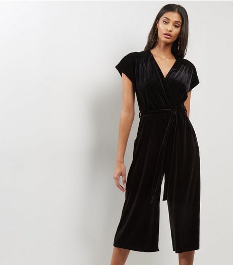 Black Velvet V Neck Culotte Jumpsuit | New Look