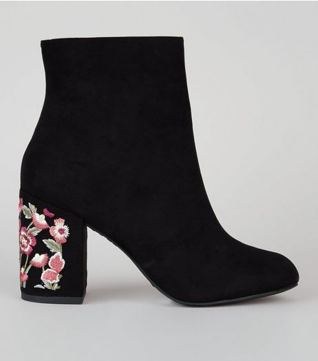 Black Suedette Floral Embroidered Heel Boots | New Look