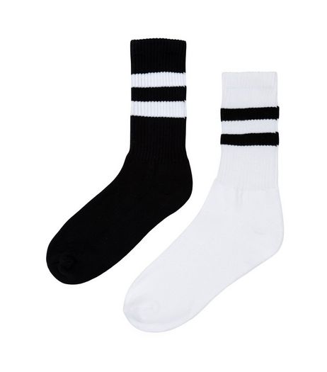 2 Pack Black and White Contrast Stripe Sports Socks | New Look