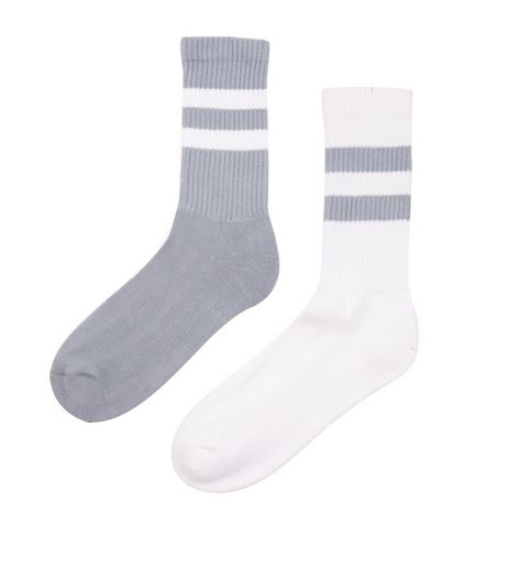 2 Pack Grey and White Contrast Stripe Sports Socks | New Look