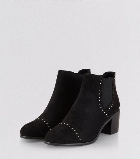 Black Suedette Stud Trim Heeled Boots | New Look