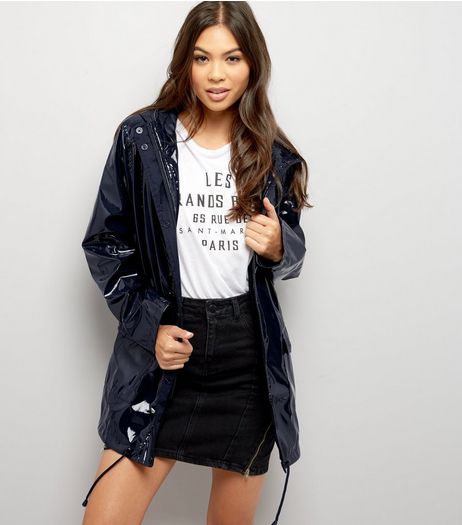 Navy Patent Hooded Anorak | New Look