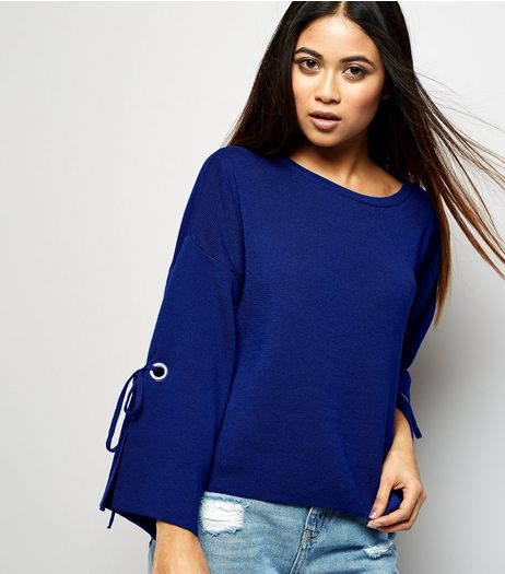 Petite Blue Wide Tie Sleeve Jumper | New Look