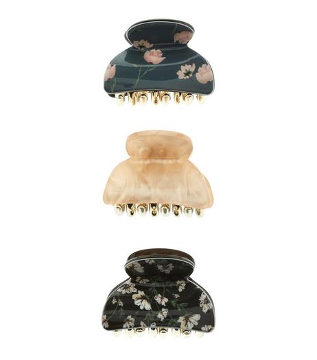 3 Pack Black Marble and Floral Print Mini Bulldog Clips | New Look