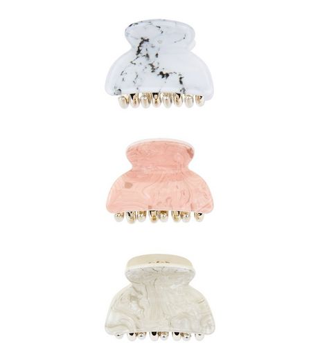 3 Pack Pink Stone and White Marble Print Bulldog Clips | New Look