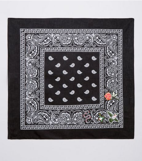 Black Paisley Print Embroidered Badge Bandana | New Look