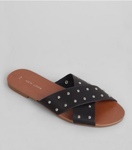 Black Studded Cross Strap Sandals | New Look
