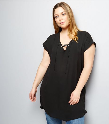 Curves Black Lace Up Front Tunic | New Look