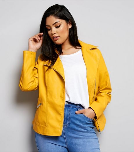 Curves Yellow Leather-Look Biker Jacket | New Look