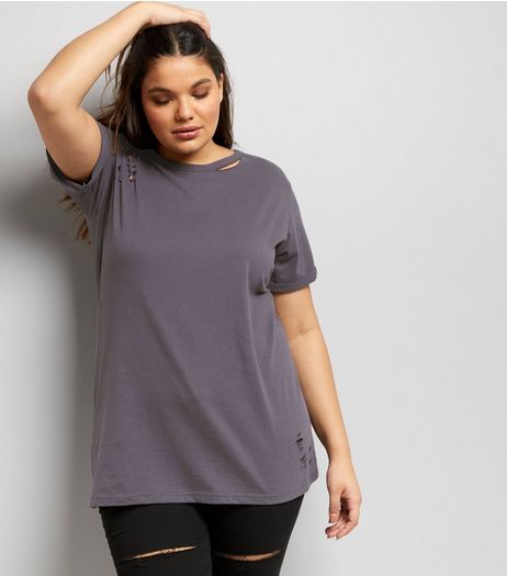 Curves Dark Grey Cut Out Ripped T-Shirt | New Look