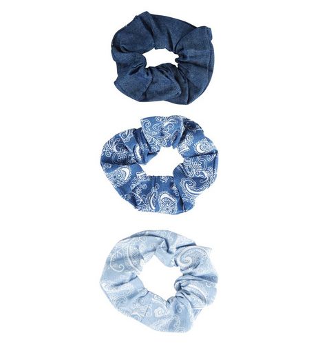 3 Pack Blue Paisley Print Denim Scrunchies | New Look