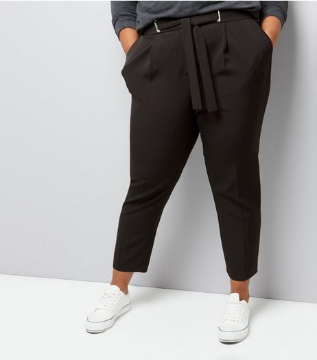 Curves Black Tie Waist Trousers | New Look
