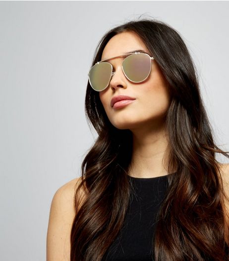 Gold Mirror Lens Pilot Sunglasses | New Look